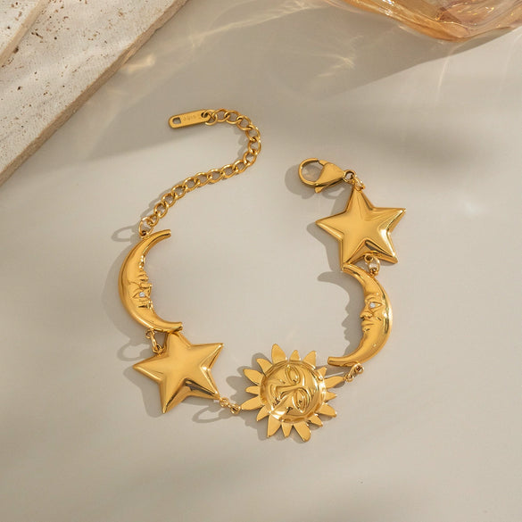 Wholesale Girls Light Luxury High End Waterproof Environmentally Friendly Stainless Steel Hand Jewelry Bracelet With Sun Moon Star Geometric Pattern And Electroplating