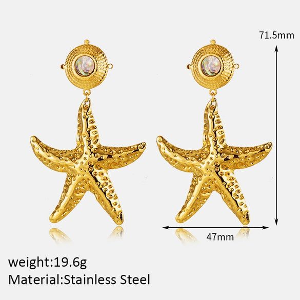 Wholesale Girls Marine Style Starfish Inlaid Natural Black Shell 18K Goldplated Stainless Steel Earrings