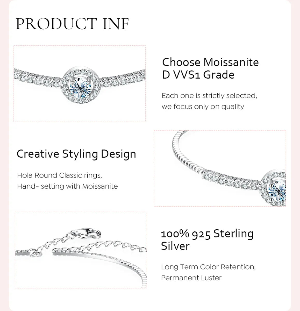 Wholesale Glam Round Sterling Silver Gra Plating Inlay White Gold Plated Moissanite Bracelets