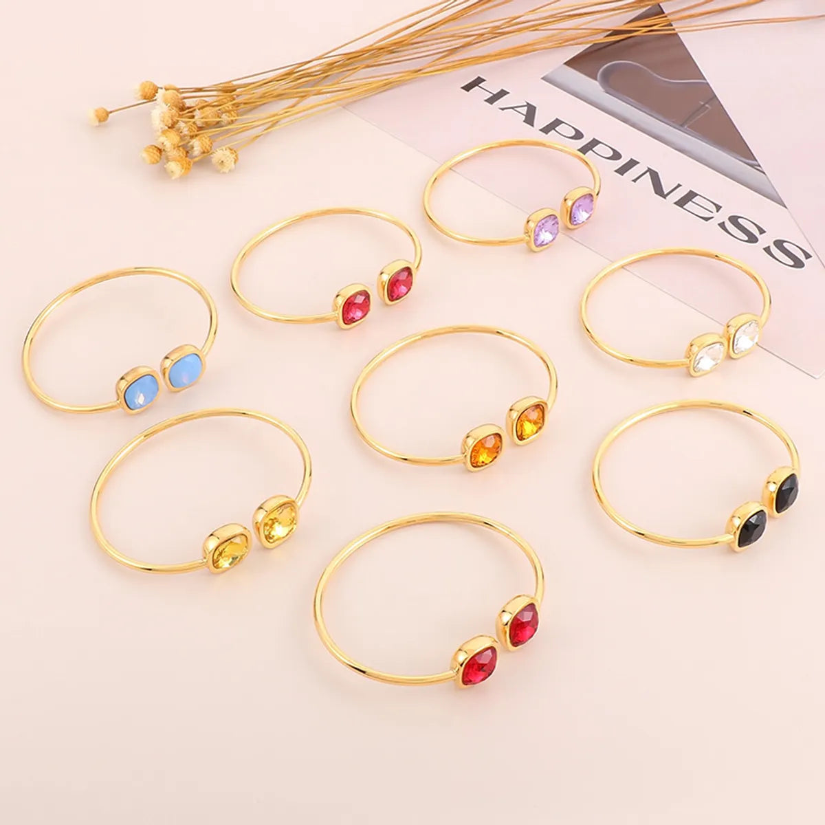 Wholesale Glam Square Stainless Steel 18k Gold Plated Glass Stone Bangle