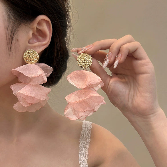 Wholesale Glass Flower Shaped Pleated Chiffon Tassel Earrings With Electroplating For Women