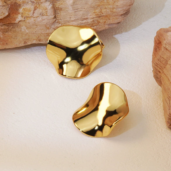 Wholesale Glossy Stainless Steel Hypoallergenic Concave And Convex Asymmetrical Round Earrings For Women With Geometric Pattern And Electroplating Treatment
