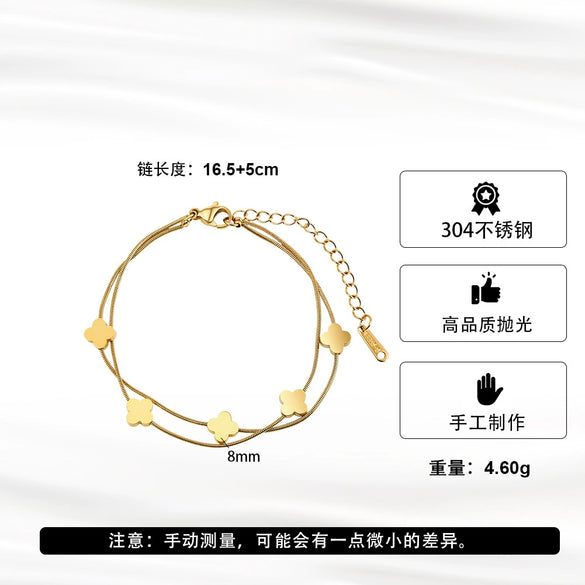 Wholesale Glowing Electroplated Stainless Steel Geometric Four Leaf Clover Double Layered Bracelet For Women