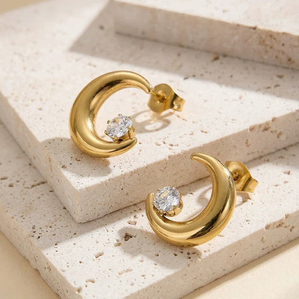 Wholesale Glowing Moon Zircon Geometric Electroplated Stainless Steel Earrings For Women