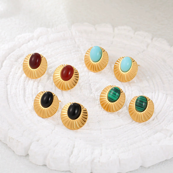 Wholesale Gold Electroplated Stainless Steel Geometric Earrings With Natural Stone Inlays For Women