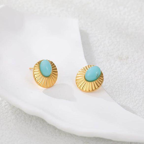 Wholesale Gold Electroplated Stainless Steel Geometric Earrings With Natural Stone Inlays For Women