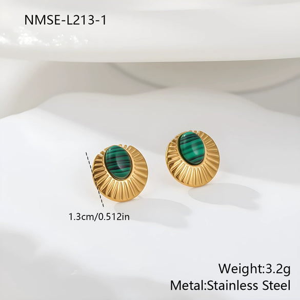 Wholesale Gold Electroplated Stainless Steel Geometric Earrings With Natural Stone Inlays For Women