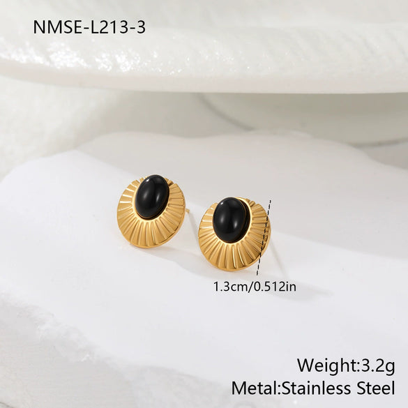 Wholesale Gold Electroplated Stainless Steel Geometric Earrings With Natural Stone Inlays For Women