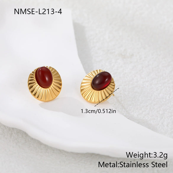 Wholesale Gold Electroplated Stainless Steel Geometric Earrings With Natural Stone Inlays For Women