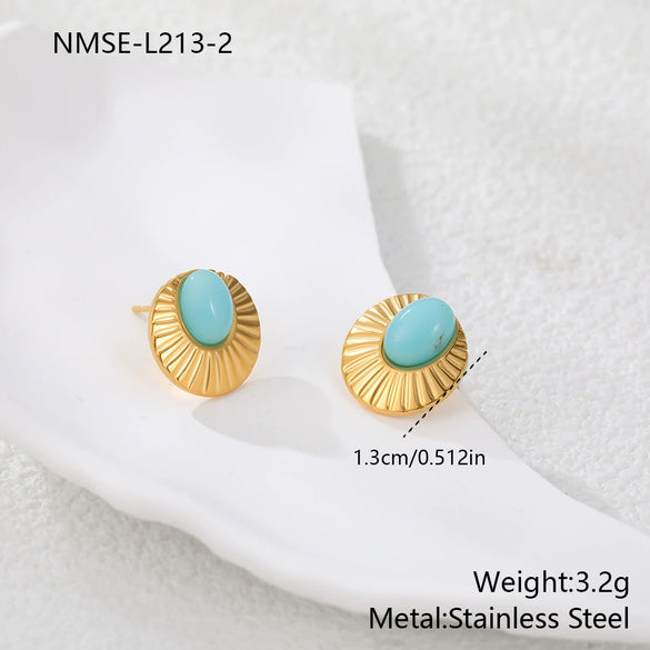 Wholesale Gold Electroplated Stainless Steel Geometric Earrings With Natural Stone Inlays For Women