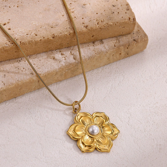 Wholesale Gold Electroplated Stainless Steel Hollow Flower Pendant Necklace With Cross Chain For Unisex