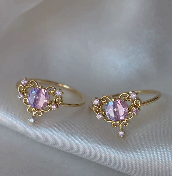 Wholesale Gold Plated Copper Fashion Retro Cute Sweet Style Pink Heart Shaped Butterfly Flower Opening Ring For Women