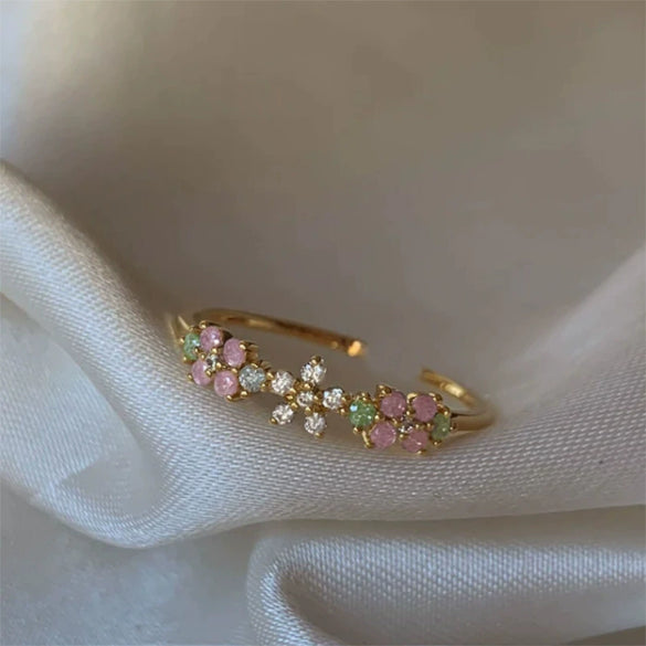 Wholesale Gold Plated Copper Fashion Retro Cute Sweet Style Pink Heart Shaped Butterfly Flower Opening Ring For Women