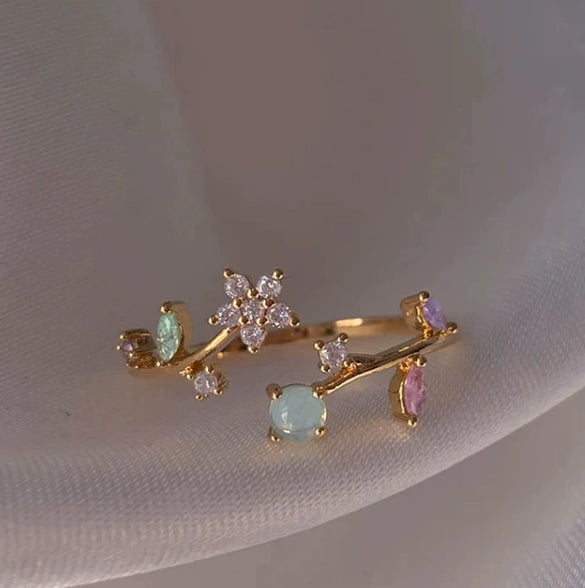 Wholesale Gold Plated Copper Fashion Retro Cute Sweet Style Pink Heart Shaped Butterfly Flower Opening Ring For Women