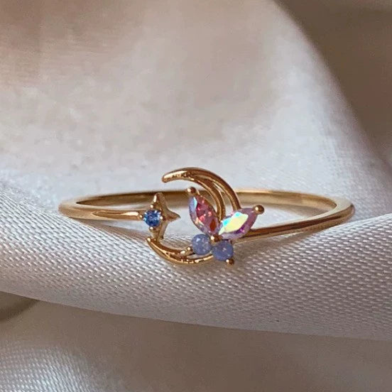 Wholesale Gold Plated Copper Fashion Retro Cute Sweet Style Pink Heart Shaped Butterfly Flower Opening Ring For Women