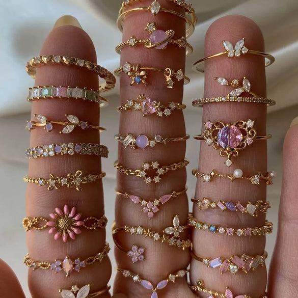 Wholesale Gold Plated Copper Fashion Retro Cute Sweet Style Pink Heart Shaped Butterfly Flower Opening Ring For Women