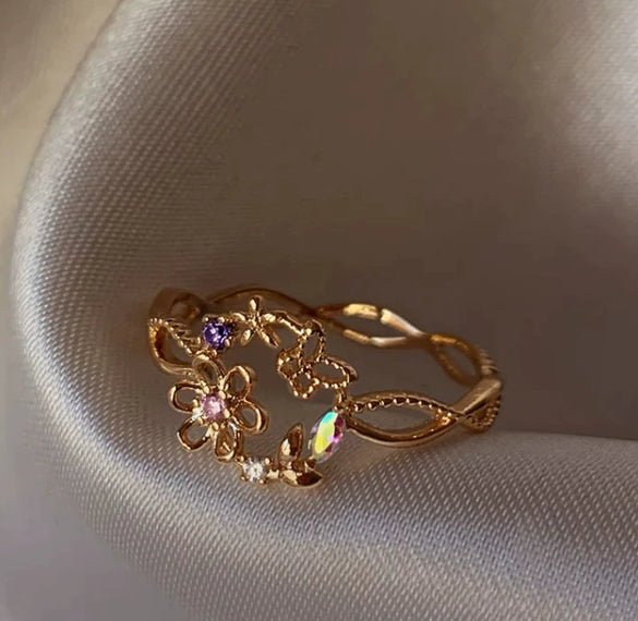 Wholesale Gold Plated Copper Fashion Retro Cute Sweet Style Pink Heart Shaped Butterfly Flower Opening Ring For Women