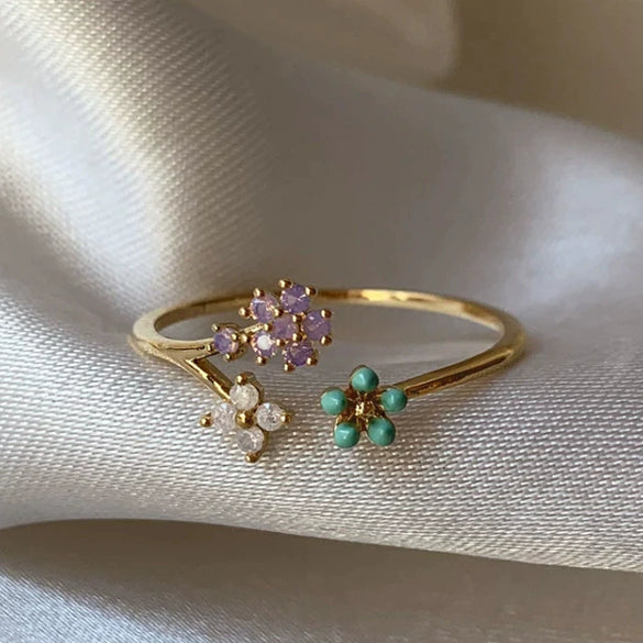Wholesale Gold Plated Copper Fashion Retro Cute Sweet Style Pink Heart Shaped Butterfly Flower Opening Ring For Women