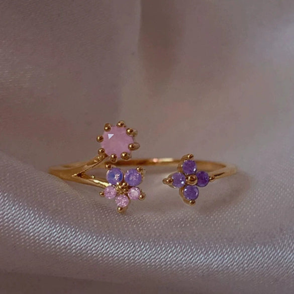 Wholesale Gold Plated Copper Fashion Retro Cute Sweet Style Pink Heart Shaped Butterfly Flower Opening Ring For Women