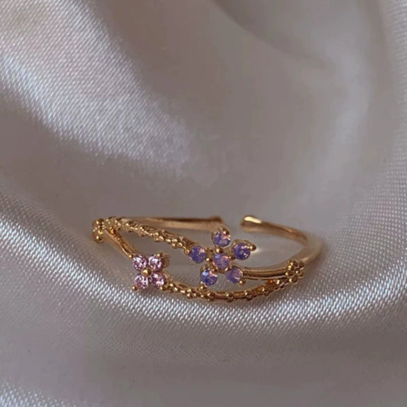 Wholesale Gold Plated Copper Fashion Retro Cute Sweet Style Pink Heart Shaped Butterfly Flower Opening Ring For Women