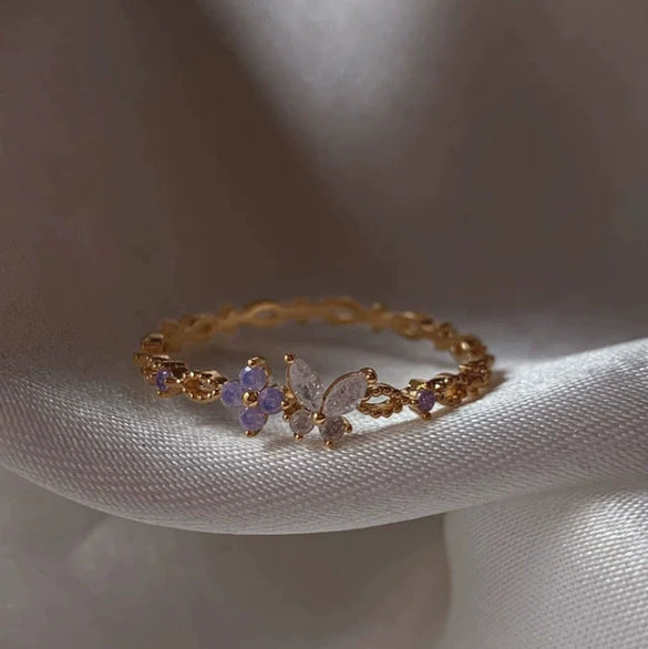 Wholesale Gold Plated Copper Fashion Retro Cute Sweet Style Pink Heart Shaped Butterfly Flower Opening Ring For Women