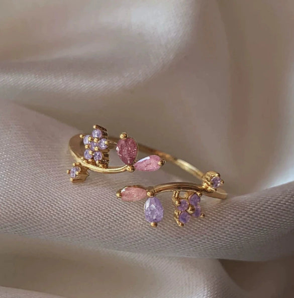 Wholesale Gold Plated Copper Fashion Retro Cute Sweet Style Pink Heart Shaped Butterfly Flower Opening Ring For Women