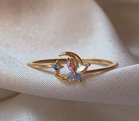 Wholesale Gold Plated Copper Fashion Retro Cute Sweet Style Pink Heart Shaped Butterfly Flower Opening Ring For Women