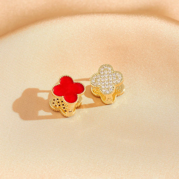 Wholesale Gold Plated Copper Floral Four Leaf Clover Double Sided Stud Earrings For Women