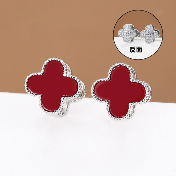 Wholesale Gold Plated Copper Floral Four Leaf Clover Double Sided Stud Earrings For Women