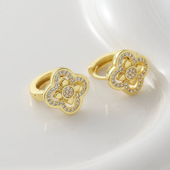 Wholesale Gold Plated Copper Flower Shape Four Leaf Clover Earrings For Women