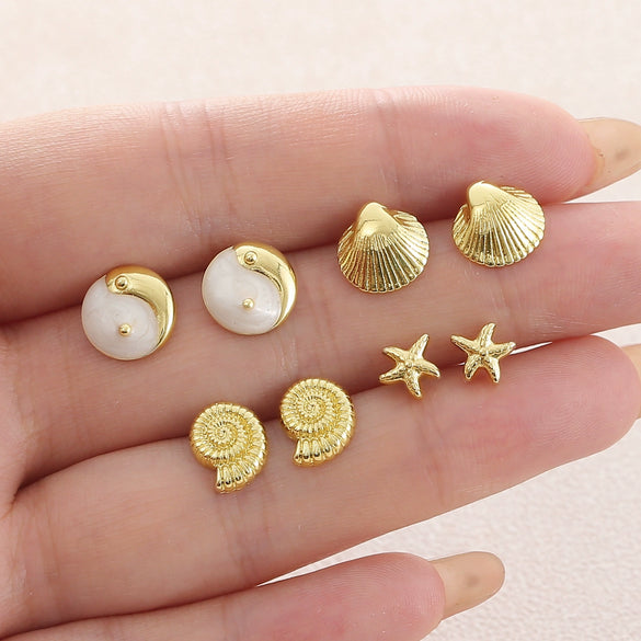 Wholesale Gold Plated Copper Starfish And Conch Shell Design Ear Bone Stud Earrings For Women