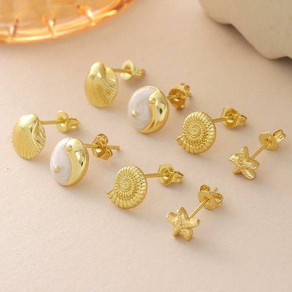 Wholesale Gold Plated Copper Starfish And Conch Shell Design Ear Bone Stud Earrings For Women