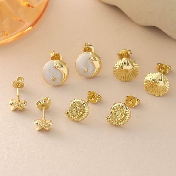Wholesale Gold Plated Copper Starfish And Conch Shell Design Ear Bone Stud Earrings For Women