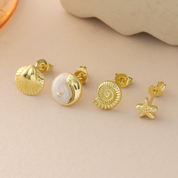 Wholesale Gold Plated Copper Starfish And Conch Shell Design Ear Bone Stud Earrings For Women