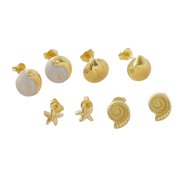Wholesale Gold Plated Copper Starfish And Conch Shell Design Ear Bone Stud Earrings For Women