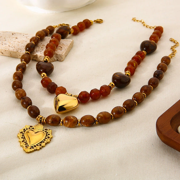 Wholesale Gold Plated Geometric And Heart Shape Acrylic Beaded Stainless Steel Pendant Necklace For Women