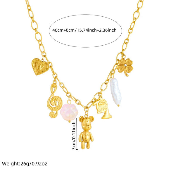 Wholesale Gold Plated Multi Element Pendant Necklace With Cartoon Bear Musical Note Crown Love Pendant Stainless Steel For Women