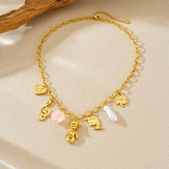 Wholesale Gold Plated Multi Element Pendant Necklace With Cartoon Bear Musical Note Crown Love Pendant Stainless Steel For Women