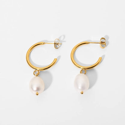 European And American Ins Internet Hot New Earrings 18k Gold-plated Stainless Steel C- Shaped Circle Geometric Pearl Earrings Jewelry Ladies