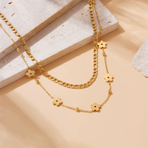 Wholesale Gold Plated Stainless Steel Flower Stacked Double Snake Bone Chain Clavicle Necklace With Electroplating And Niche Design