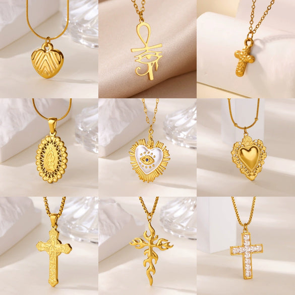 Wholesale Gold Plated Stainless Steel Geometric Eye Cross Portrait Heart Pendant Necklace For Unisex