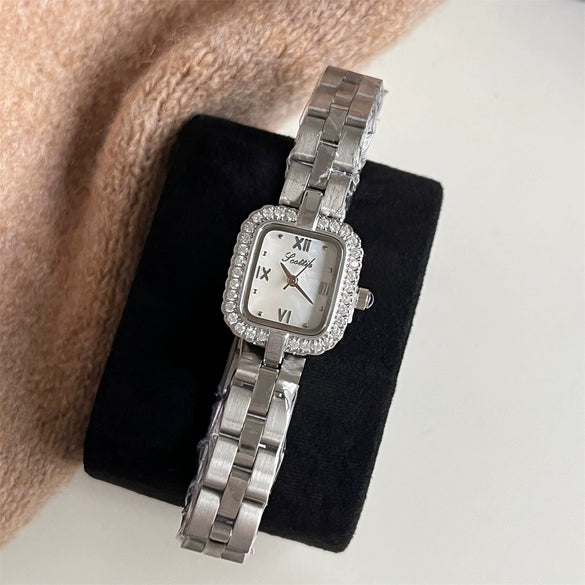 Wholesale Goldplated Diamondencrusted Square Motherofpearl Stainless Steel Band Watch For Women