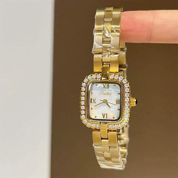 Wholesale Goldplated Diamondencrusted Square Motherofpearl Stainless Steel Band Watch For Women