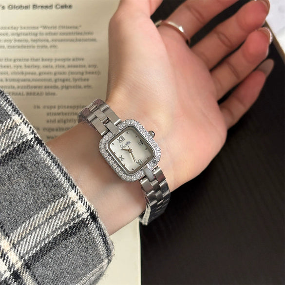 Wholesale Goldplated Diamondencrusted Square Motherofpearl Stainless Steel Band Watch For Women