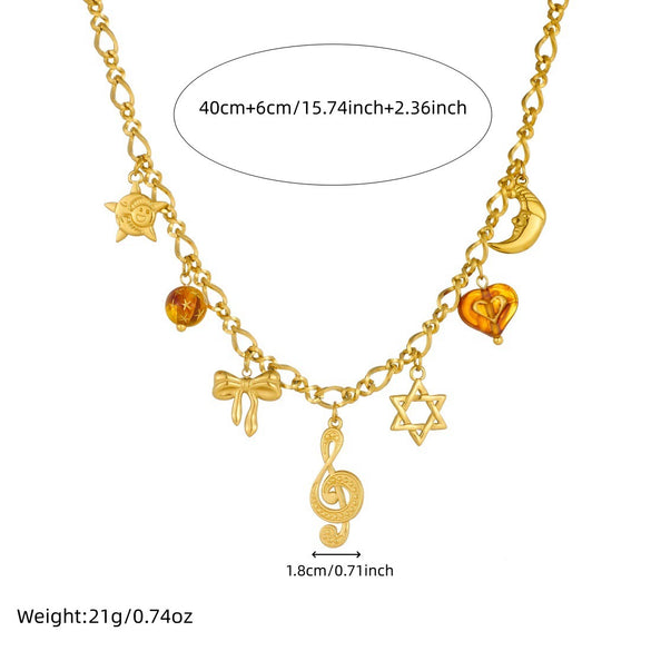 Wholesale Goldplated Medieval Style Musical Note Bow Star Moon Face Stainless Steel Pendant Necklace With Flash O Chain For Women
