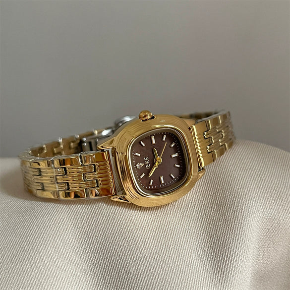 Wholesale Goldplated Motherofpearl Steel Band Watch For Women Vintage Style Small Square Oval Dial