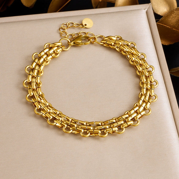 Wholesale Goldplated Stainless Steel Hiphop Style Women's Wide Woven Buckle Bracelet