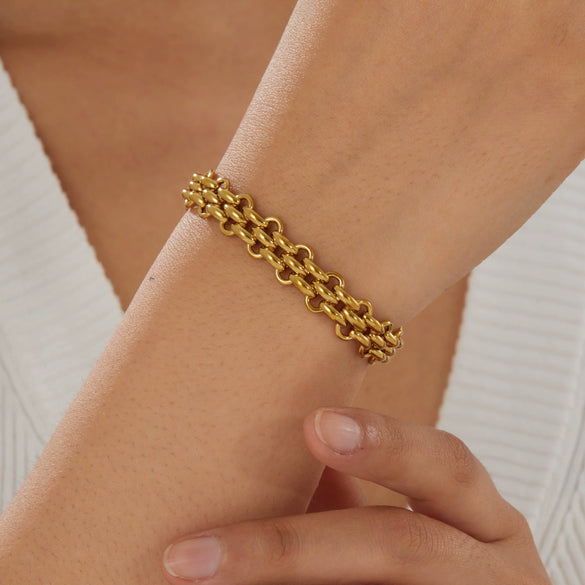 Wholesale Goldplated Stainless Steel Hiphop Style Women's Wide Woven Buckle Bracelet