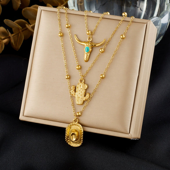 Wholesale Goldplated Stainless Steel Multilayered Cactus Pendant Necklace For Women In Medieval Style With Bead Chain
