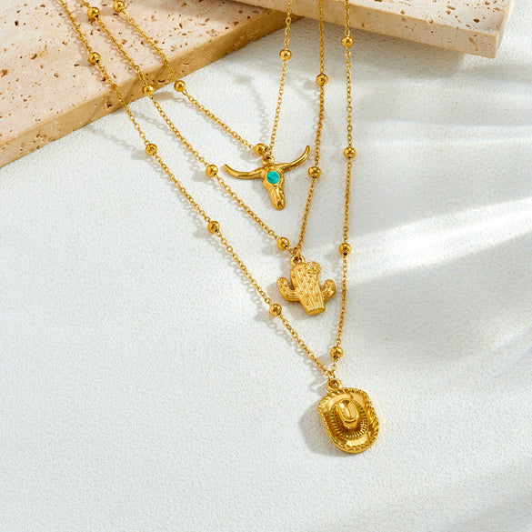 Wholesale Goldplated Stainless Steel Multilayered Cactus Pendant Necklace For Women In Medieval Style With Bead Chain